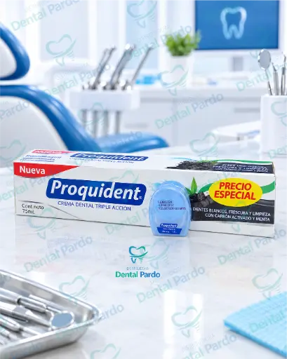 [622-107] Crema Dental Proquident Triple Acción Carbón Activado 75 Ml + Seda Dental 12 M